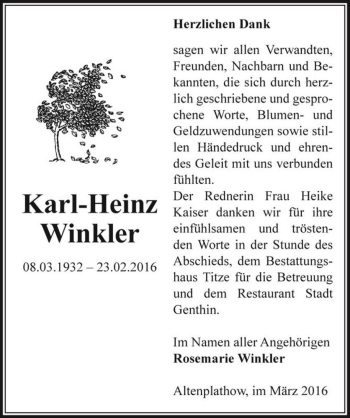 Traueranzeige von Karl-Heinz Winkler  von Magdeburger Volksstimme