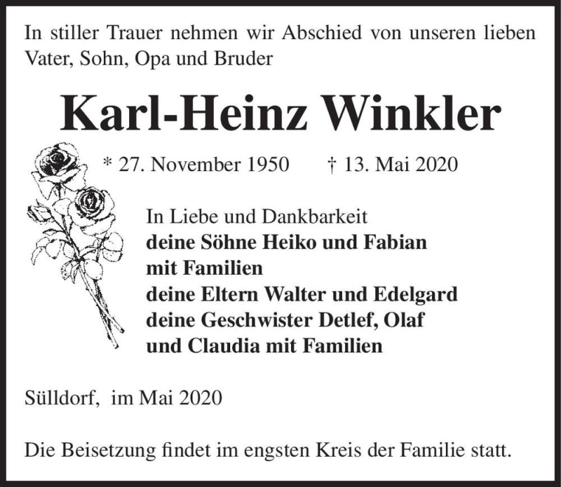 Traueranzeige für Karl-Heinz Winkler  vom 23.05.2020 aus Magdeburger Volksstimme