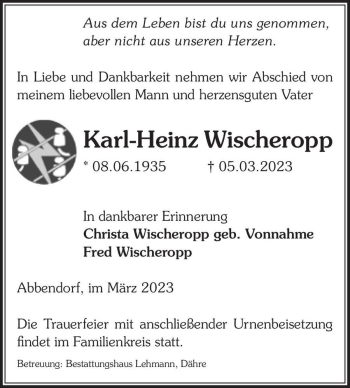 Traueranzeige von Karl-Heinz Wischeropp  von Magdeburger Volksstimme