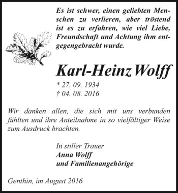Traueranzeige von Karl-Heinz Wolff  von Magdeburger Volksstimme