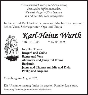 Traueranzeige von Karl-Heinz Wurth  von Magdeburger Volksstimme