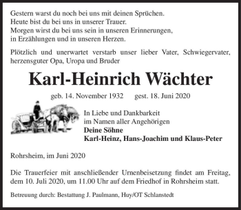 Traueranzeige von Karl-Heinz Wächter  von Magdeburger Volksstimme
