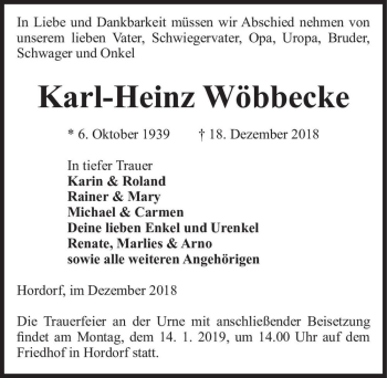 Traueranzeige von Karl-Heinz Wöbbecke  von Magdeburger Volksstimme