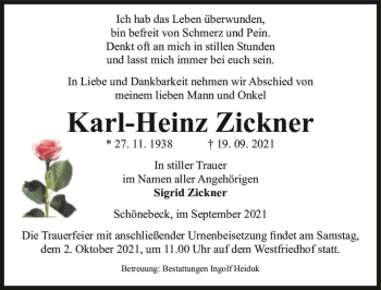 Traueranzeige von Karl-Heinz Zickner  von Magdeburger Volksstimme