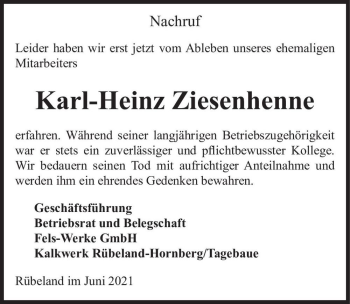 Traueranzeige von Karl-Heinz Ziesenhenne  von Magdeburger Volksstimme