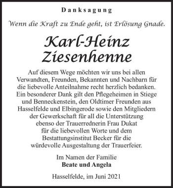 Traueranzeige von Karl-Heinz Ziesenhenne  von Magdeburger Volksstimme