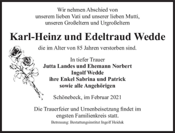 Traueranzeige von Karl-Heinz und Edeltraud Wedde  von Magdeburger Volksstimme