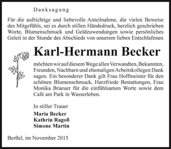 Traueranzeige von Karl-Hermann Becker  von Magdeburger Volksstimme