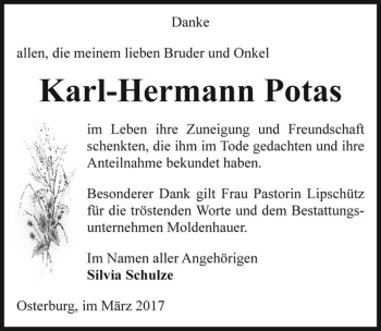 Traueranzeige von Karl-Hermann Potas  von Magdeburger Volksstimme