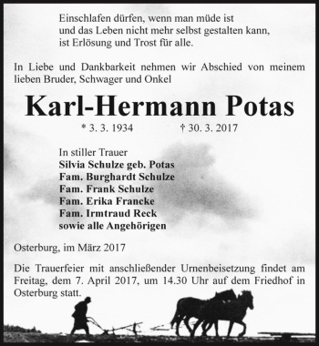 Traueranzeige von Karl-Hermann Potas  von Magdeburger Volksstimme