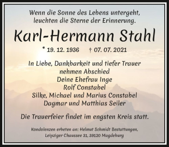 Traueranzeige von Karl-Hermann Stahl  von Magdeburger Volksstimme