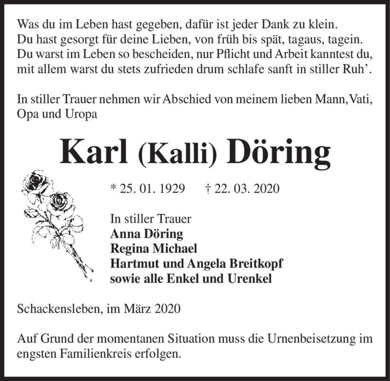  Traueranzeige für Karl (Kalli) Döring  vom 28.03.2020 aus Magdeburger Volksstimme