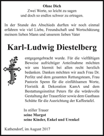 Traueranzeige von Karl-Ludwig Diestelberg  von Magdeburger Volksstimme