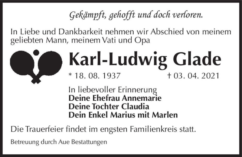  Traueranzeige für Karl-Ludwig Glade  vom 17.04.2021 aus Magdeburger Volksstimme