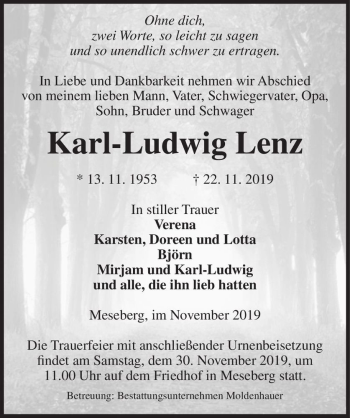 Traueranzeige von Karl-Ludwig Lenz  von Magdeburger Volksstimme