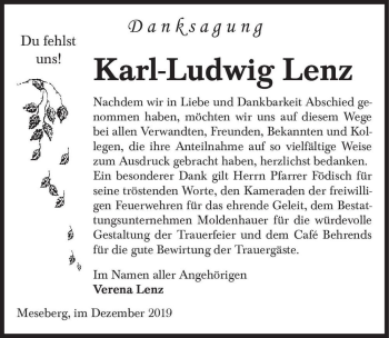Traueranzeige von Karl-Ludwig Lenz  von Magdeburger Volksstimme