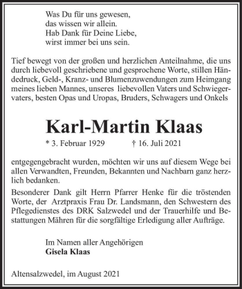 Traueranzeige von Karl-Martin Klaas  von Magdeburger Volksstimme