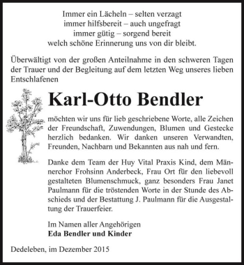 Traueranzeige von Karl-Otto Bendler  von Magdeburger Volksstimme