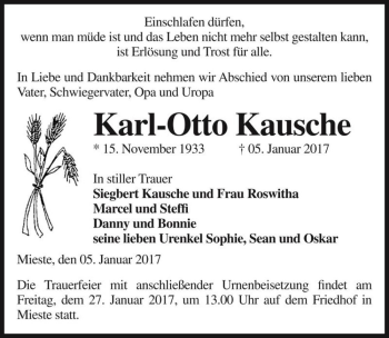 Traueranzeige von Karl-Otto Kausche  von Magdeburger Volksstimme