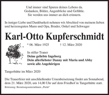 Traueranzeige von Karl-Otto Kupferschmidt  von Magdeburger Volksstimme