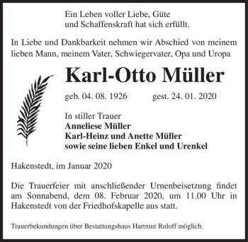 Traueranzeige von Karl-Otto Müller  von Magdeburger Volksstimme