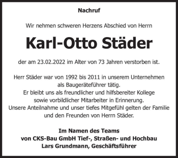 Traueranzeige von Karl-Otto Städer  von Magdeburger Volksstimme