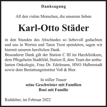 Traueranzeige von Karl-Otto Städer  von Magdeburger Volksstimme