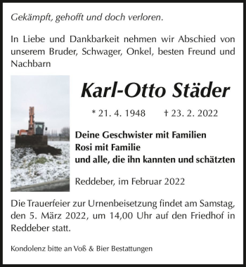 Traueranzeige von Karl-Otto Städer  von Magdeburger Volksstimme