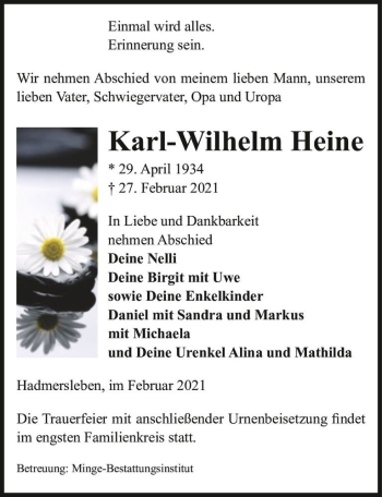 Traueranzeige von Karl-Wilhelm Heine  von Magdeburger Volksstimme