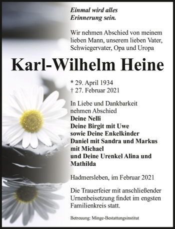 Traueranzeige von Karl-Wilhelm Heine  von Magdeburger Volksstimme