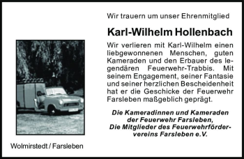 Traueranzeige von Karl-Wilhelm Hollenbach  von Magdeburger Volksstimme