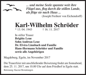 Traueranzeige von Karl-Wilhelm Schröder  von Magdeburger Volksstimme