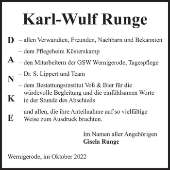 Traueranzeige von Karl-Wulf Runge  von Magdeburger Volksstimme