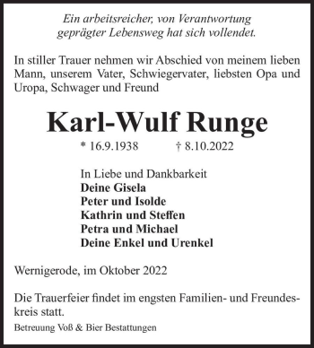 Traueranzeige von Karl-Wulf Runge  von Magdeburger Volksstimme