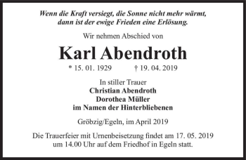 Traueranzeige von Karl Abendroth  von Magdeburger Volksstimme