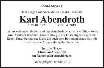 Traueranzeige von Karl Abendroth  von Magdeburger Volksstimme