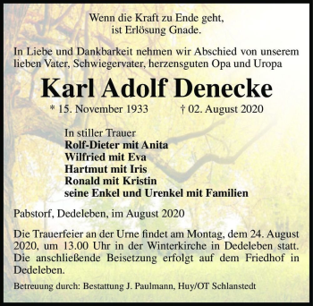 Traueranzeige von Karl Adolf Denecke  von Magdeburger Volksstimme