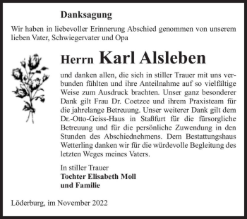 Traueranzeige von Karl Alsleben  von Magdeburger Volksstimme