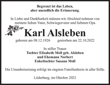 Traueranzeige von Karl Alsleben  von Magdeburger Volksstimme