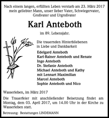 Traueranzeige von Karl Anteboth  von Magdeburger Volksstimme