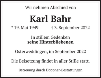 Traueranzeige von Karl Bahr  von Magdeburger Volksstimme
