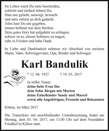 Traueranzeige von Karl Bandulik  von Magdeburger Volksstimme