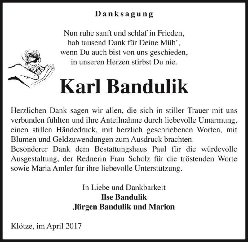  Traueranzeige für Karl Bandulik  vom 07.04.2017 aus Magdeburger Volksstimme