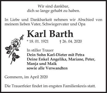 Traueranzeige von Karl Barth  von Magdeburger Volksstimme
