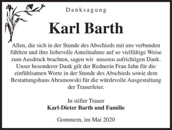 Traueranzeige von Karl Barth  von Magdeburger Volksstimme