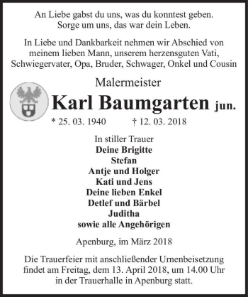 Traueranzeige von Karl Baumgarten  von Magdeburger Volksstimme