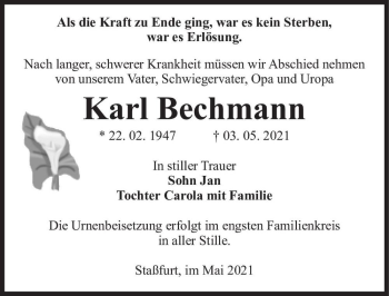Traueranzeige von Karl Bechmann  von Magdeburger Volksstimme
