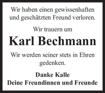 Traueranzeige von Karl Bechmann  von Magdeburger Volksstimme