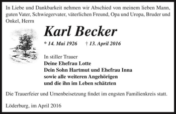Traueranzeige von Karl Becker  von Magdeburger Volksstimme