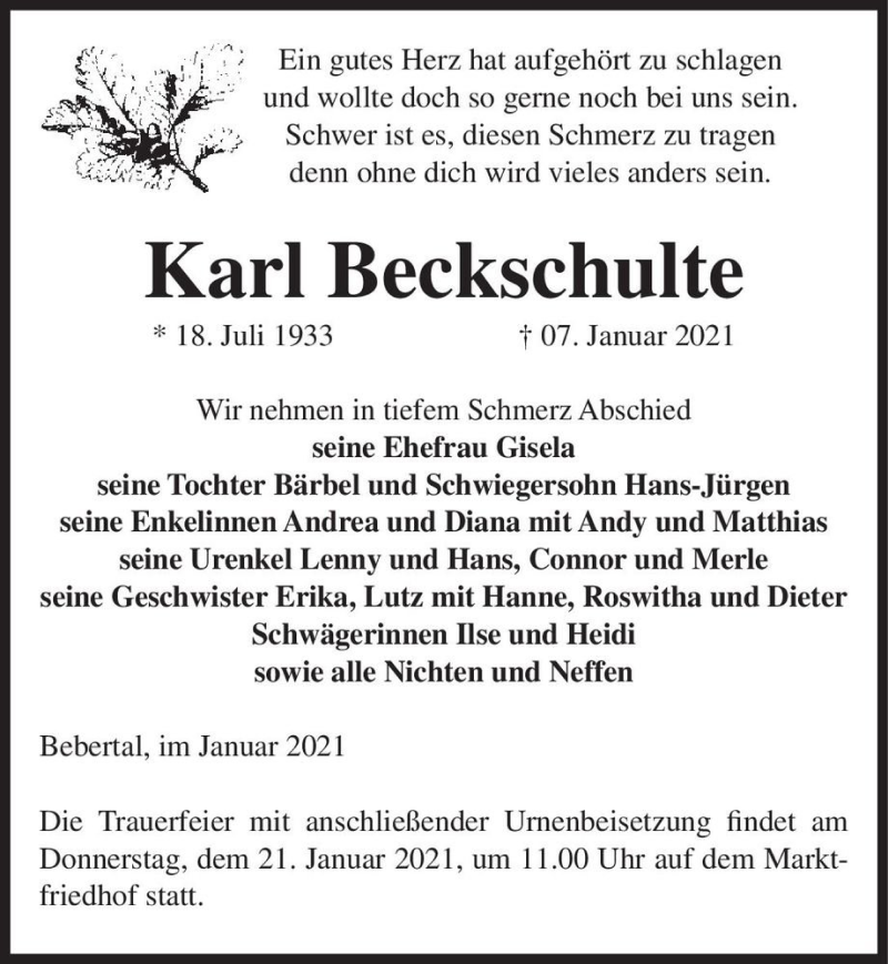  Traueranzeige für Karl Beckschulte  vom 19.01.2021 aus Magdeburger Volksstimme